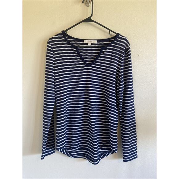 LOFT Navy Blue Waffle Knit Striped Vneck Shirt Lightweight Sweater Womens Medium - Picture 1 of 5